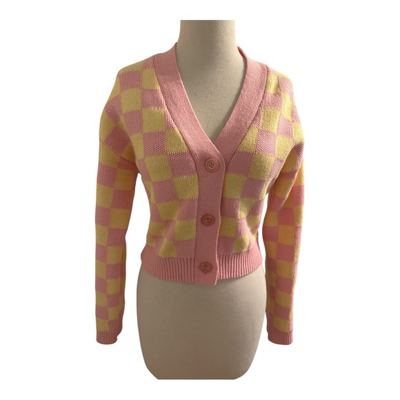 English Factory Cropped Checkered Cardigan Pink Yellow Knit Women’s Size XS EUC - Picture 8 of 8